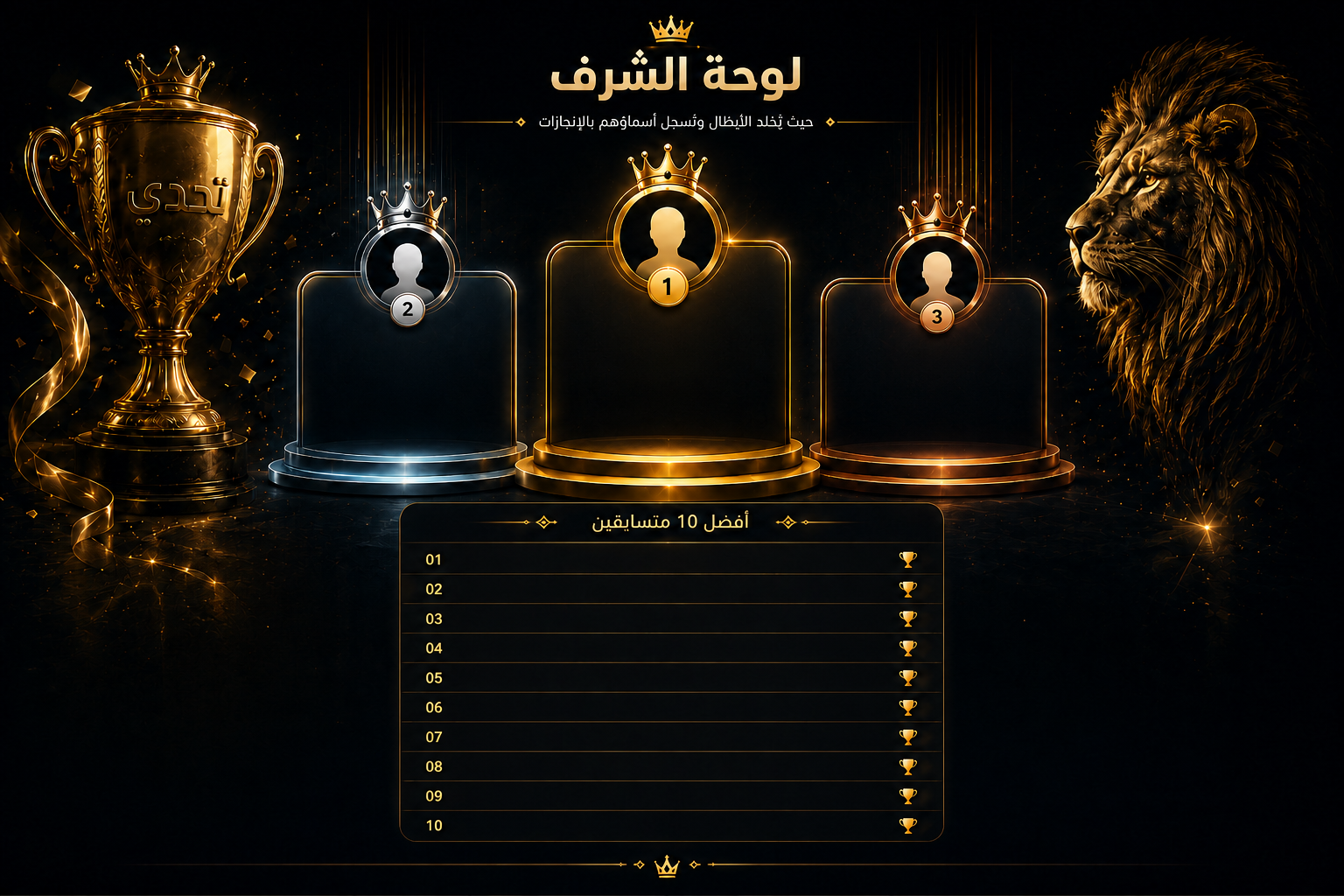 لوحة الشرف بمنصة ذهبية للفائزين وقائمة أفضل عشرة متسابقين